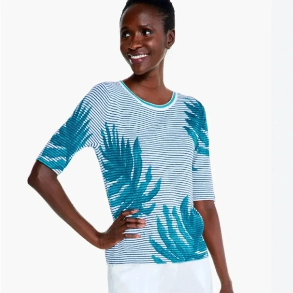 NWT NIC + ZOE LEAVING LINES SHORT SLEEVED SWEATER MEDIUM (LINEN / COTTON BLEND)